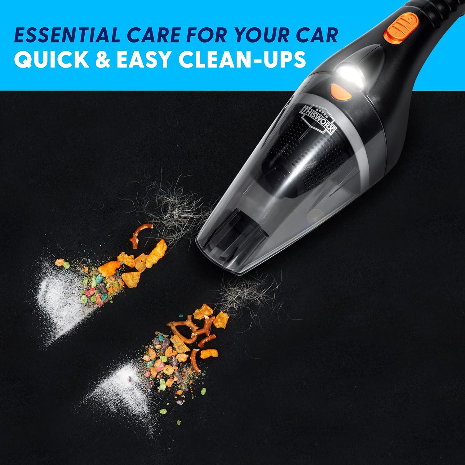 ThisWorx vacuum cleaning crumbs, dust and pet hair from a car mat