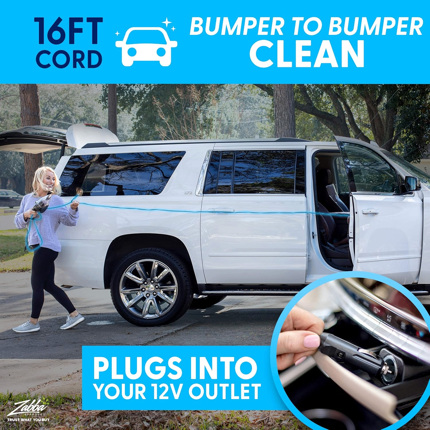 Woman cleaning entire SUV with ThisWorx vacuum and 16ft cord