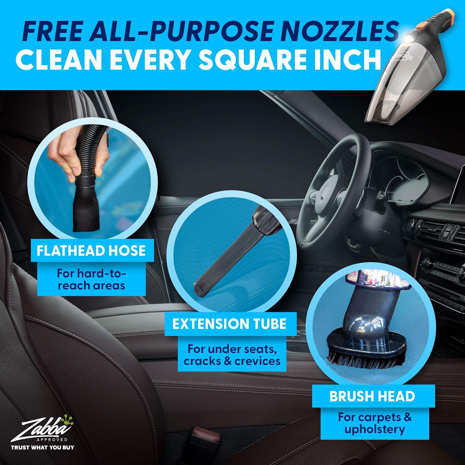 Three included nozzles: flathead hose, extension tube and brush head